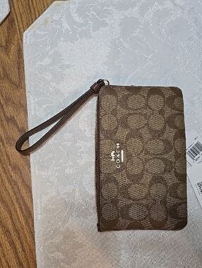 Coach Brown Signature Canvas Zip Wristlet with Strap